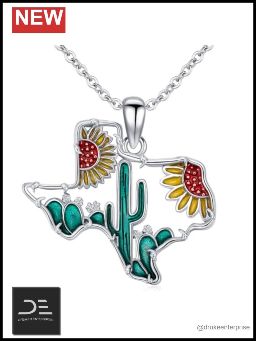 Sterling Silver Texas State Flag Longhorn Cow Head Sunflower Cactus Pendant